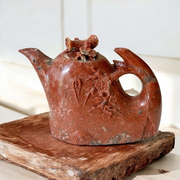 Vintage Other - Vintage Chinese Natural Red Shoushan Stone Carved Cherry Tree Blossom Teapot